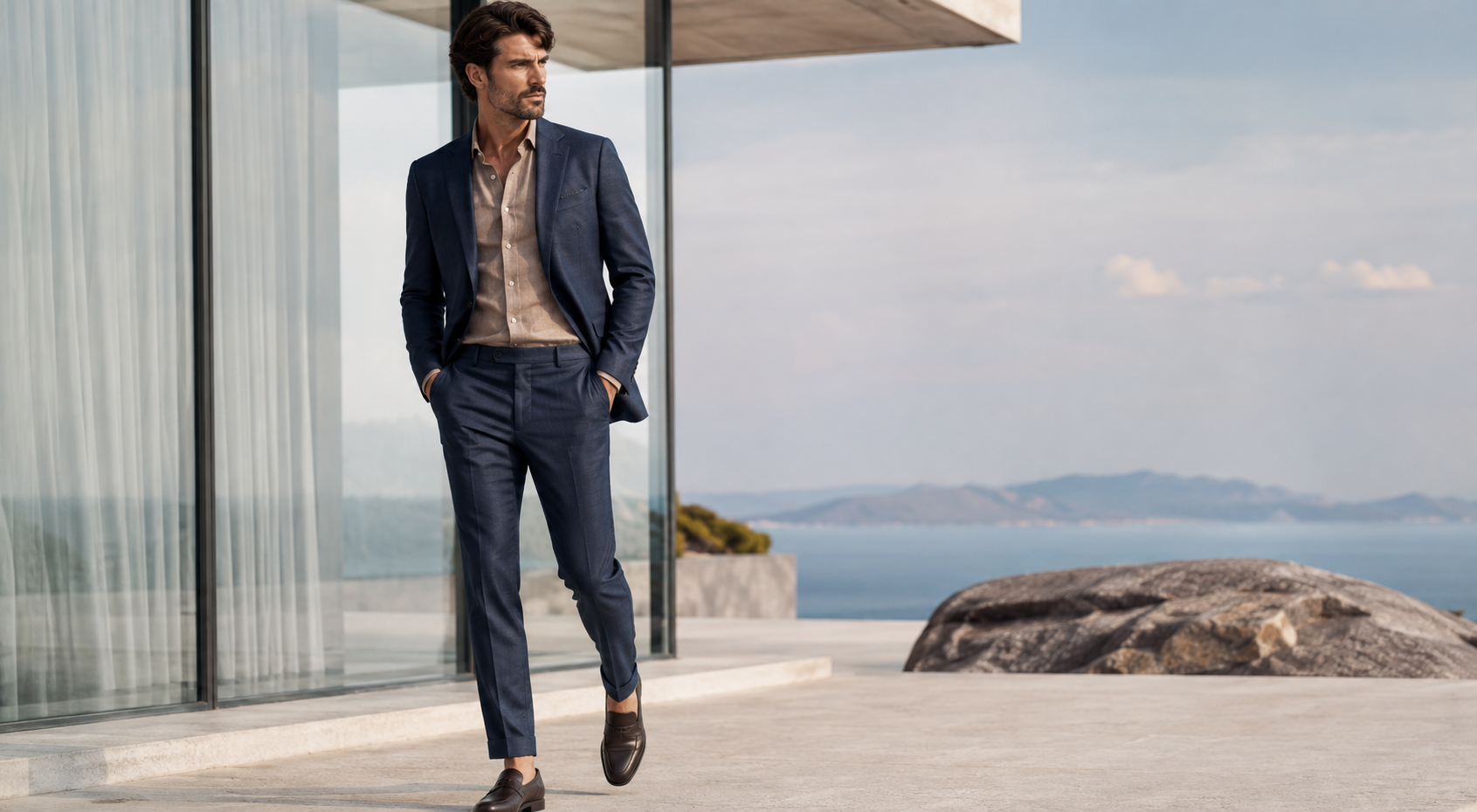 Male model wide outdoor fashion shoot