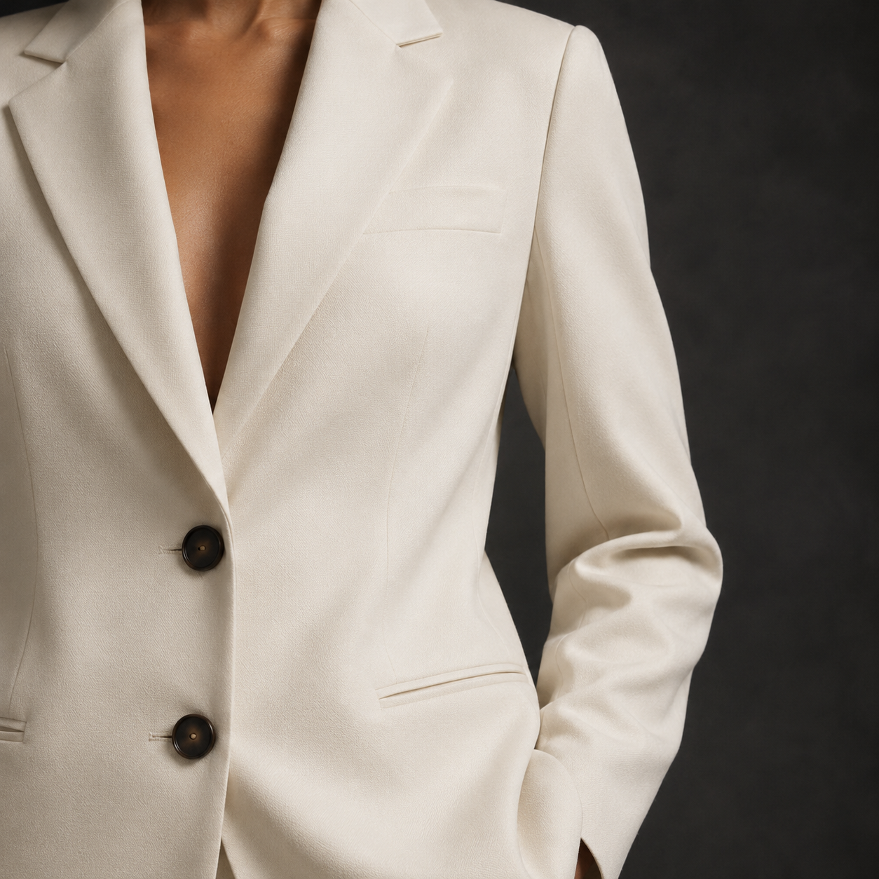 Collar and fabric detail of an ivory blazer