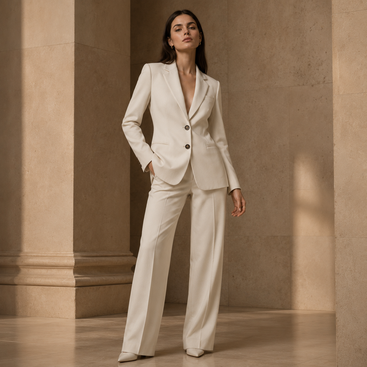 Editorial female model in an ivory blazer