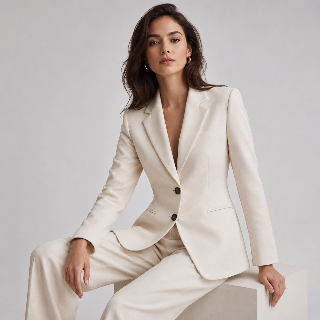 Different studio pose with an ivory blazer