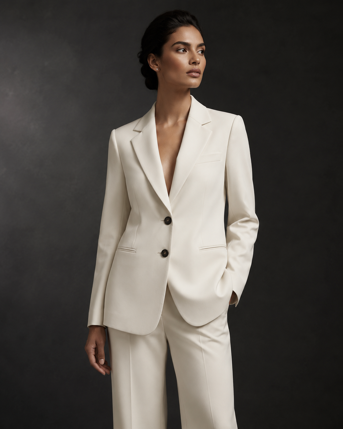 Female model wearing an ivory blazer